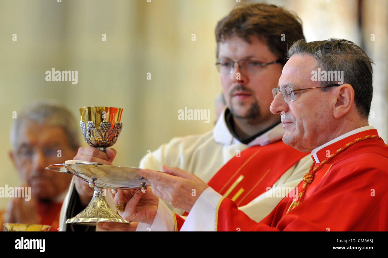 Il Cardinale Angelo Amato, un rappresentante del Vaticano, nella foto durante la cerimonia di beatificazione di quattordici frati francescani che sono stati torturati a morte nel XVII secolo, la Cattedrale di San Vito al Castello di Praga, Repubblica ceca, 13 ottobre 2012. Questa è stata la prima beatificazione in Praga arcidiocesi. Il gruppo di 14 frati francescani provenienti da vari paesi europei, tra cui i francesi, olandesi, tedeschi e italiani sono stati inviati a Praga, che era prevalentemente protestante poi, all'inizio del XVII secolo a predicare per la minoranza cattolica. Dopo la Passau dell esercito invasi Foto Stock