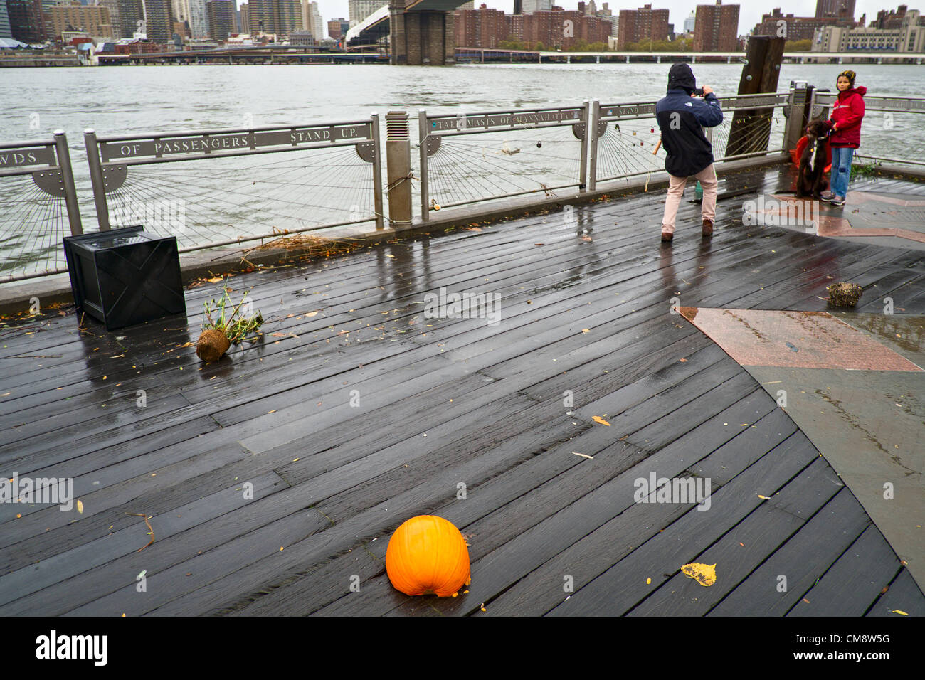 Ottobre 30, 2012, Brooklyn, NY, Stati Uniti. Una zucca vaganti siede su un molo sul lungomare di Brooklyn il mattino dopo l uragano Sandy ha colpito la città di New York, Credito: Joseph Reid / Alamy Live News Foto Stock