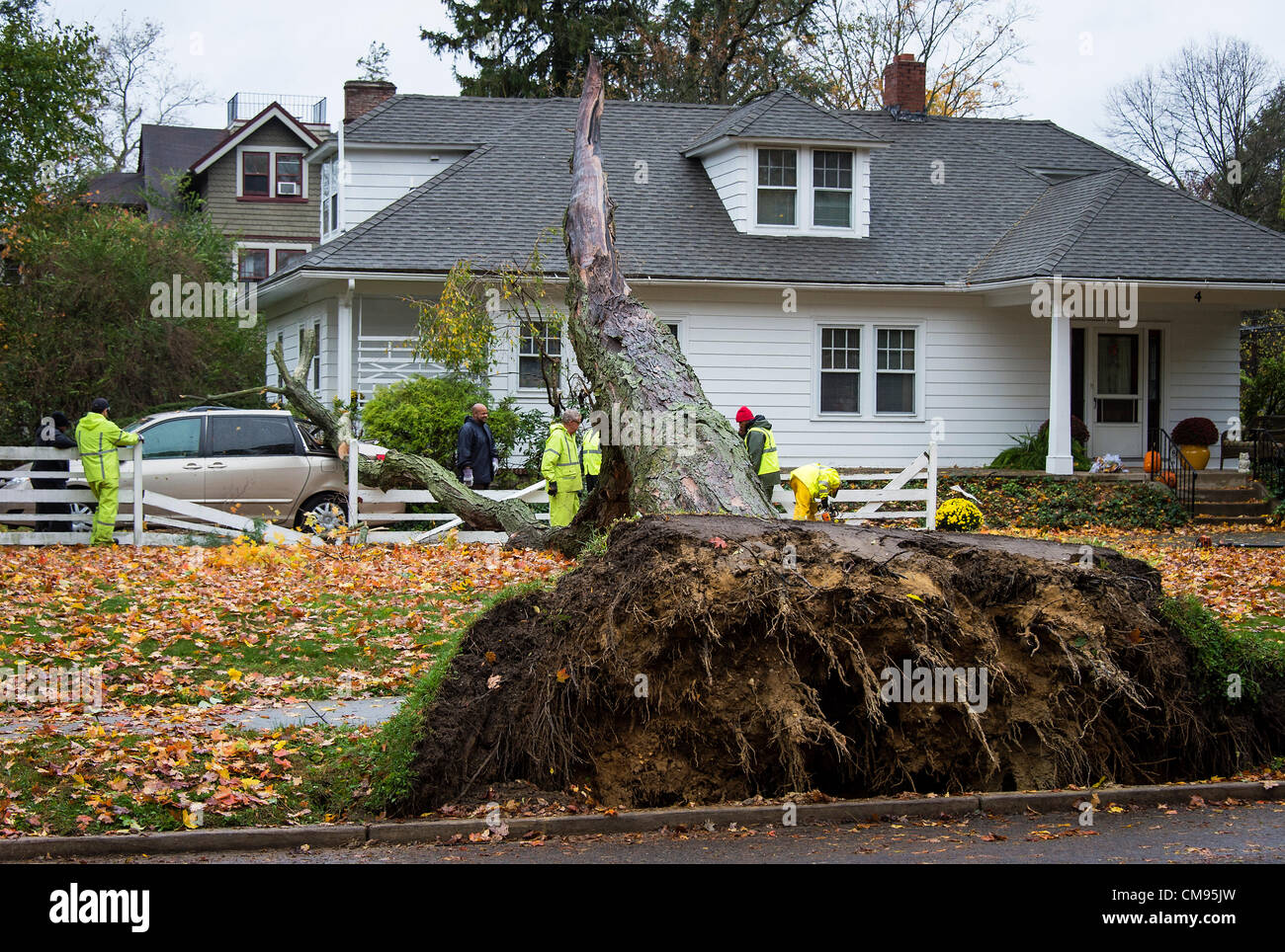 New Jersey, USA. Il 30 ottobre 2012. Equipaggio locale valuta tree e danni alla proprietà dopo il passaggio dell uragano Sandy, Moorestown, New Jersey, STATI UNITI D'AMERICA Foto Stock