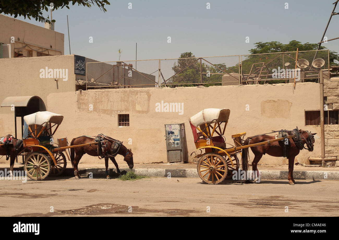 Febbraio 19, 2012 - Cairo, Egitto - carrelli in Giza giacciono inutilizzati privo di qualsiasi turista come Unione ecomonic recessione accoppiato con la crisi politica in Egitto vede il crollo del turismo a un livello allarmante (credito Immagine: © Theodore Liasi/ZUMAPRESS.com) Foto Stock