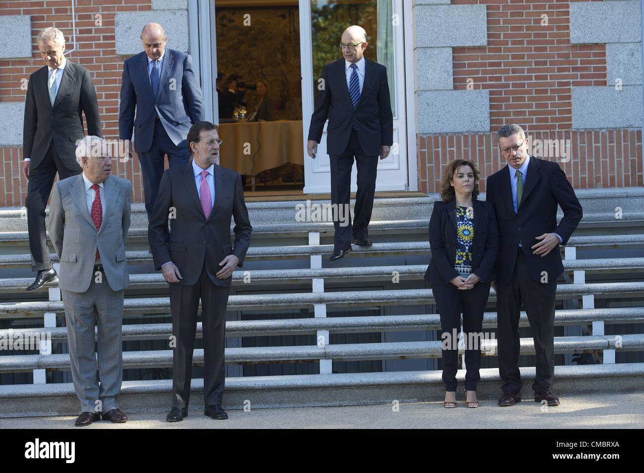 Luglio 13, 2012 - Madrid, Spagna - re spagnolo Juan Carlos assiste il Consiglio deliberativo dei ministri a Palazzo Zarzuela a Madrid..Nell'immagine: Mariano Rajoy, Soraya Saez de Santamaria, Alberto Ruiz Gallardon e Jose Manuel Garcia-Margallo (credito Immagine: © Jack Abuin/ZUMAPRESS.com) Foto Stock