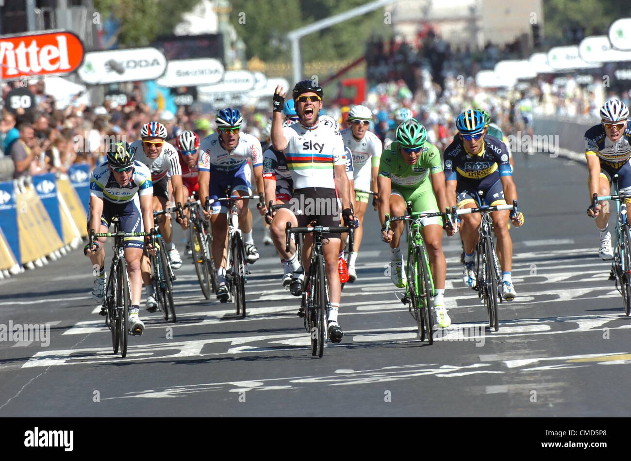 22.07.2012. Rambouillet a Parigi, Francia. Stadio 20. Rambouillet - Parigi, Team Sky 2012, Orica - Greenedge 2012, Liquigas 2012, Saxo Bank - La Banca Tinkoff 2012, Mark Cavendish, Goss Matthew Harley, Sagan Peter, Haedo Juan José arriva a Parigi Foto Stock