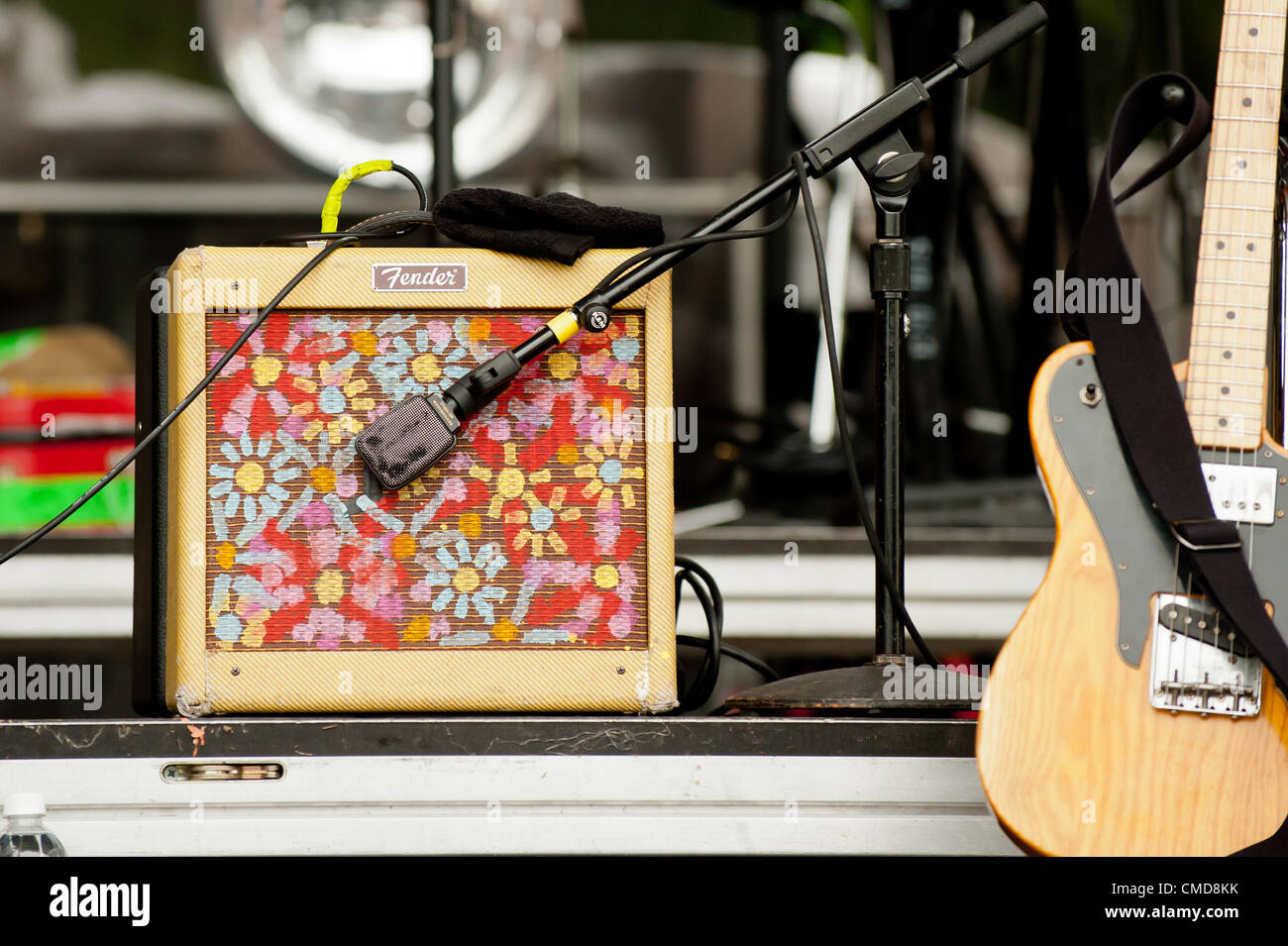 Strumenti / altoparlanti / amplificatori e apparecchiature di alt rock indie rock indy rock band Grouplove | eseguite presso l'originale esterna estiva alternativa di Lucciola Music Festival in 2012 da rana rossa | Eventi concerto si trova a Dover, Delaware, Stati Uniti Foto Stock