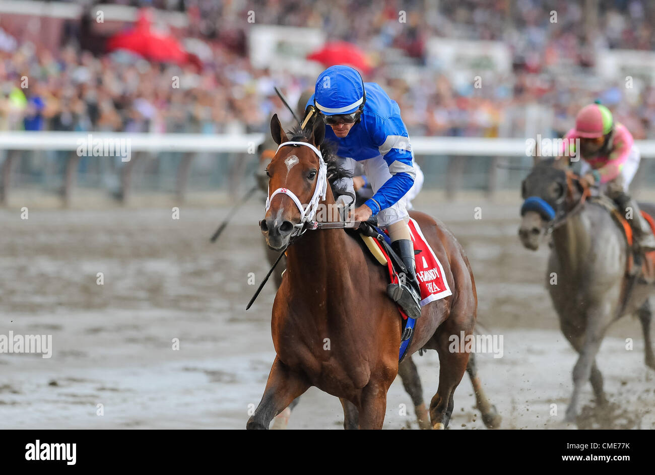 Luglio 28, 2012 - Saratoga Springs, New York, Stati Uniti - Alpha, con jockey Ramon Dominguez in ferri da stiro, vince la Jim Dandy di Jim Dandy giorno a Saratoga Race Course a Saratoga Springs, New York il 28 luglio 2012 (credito Immagine: © Scott Serio/eclipse/ZUMAPRESS.com) Foto Stock