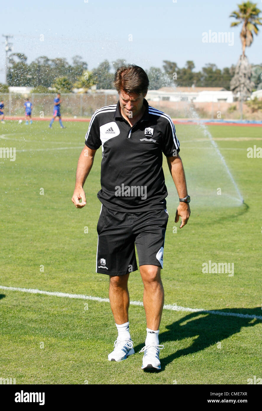 MICHAEL LAUDRUP spruzzato da WAT SWANSEA CITY A.F.C. MANAGER DI Oxnard in California USA 28 Luglio 2012 Foto Stock