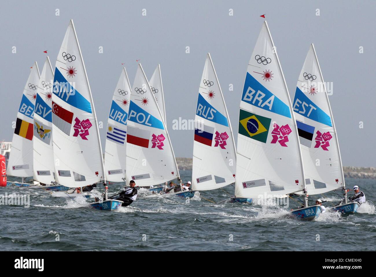 Olimpiadi di Londra 2012: Vela, azione durante il London 2012 Giochi Olimpici a Weymouth e Portland Venue, Dorset, Gran Bretagna, UK. Gli uomini della classe Laser Luglio 31st, 2012 foto da: Dorset Servizio media Foto Stock