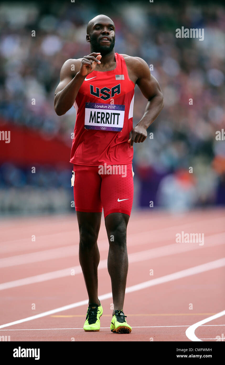 Stratford, Londra, Regno Unito. Sabato 4 agosto 2012. Lashawn Merritt di USA tira con un pregiudizio alla concorrenza negli uomini 400m in gara il London 2012 giochi olimpici. Foto Stock