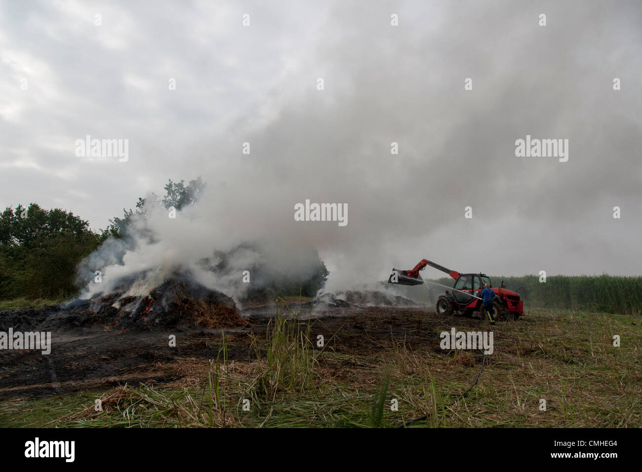 11 ago 2012. Cappella Brampton. Northamptonshire U.K. 11 agosto 2012. 600 balle di erba elefante, distrutto da un incendio a fianco di Merry Tom Lane, 200 metri dal modo Midshires. Fire equipaggi erano in operatori la maggior parte della notte, un equipaggio di rilievo ha assunto a 0930 questa mattina. Il miscanto (comunemente noto come erba elefante) è una ad alta resa del raccolto di energia che cresce di oltre 3 metri di altezza produce un raccolto ogni anno senza la necessità di reimpianto. utilizzati prevalentemente per la produzione di materie prime ma anche come biocarburante. Credito: Keith J Smith. / Alamy Live News Foto Stock