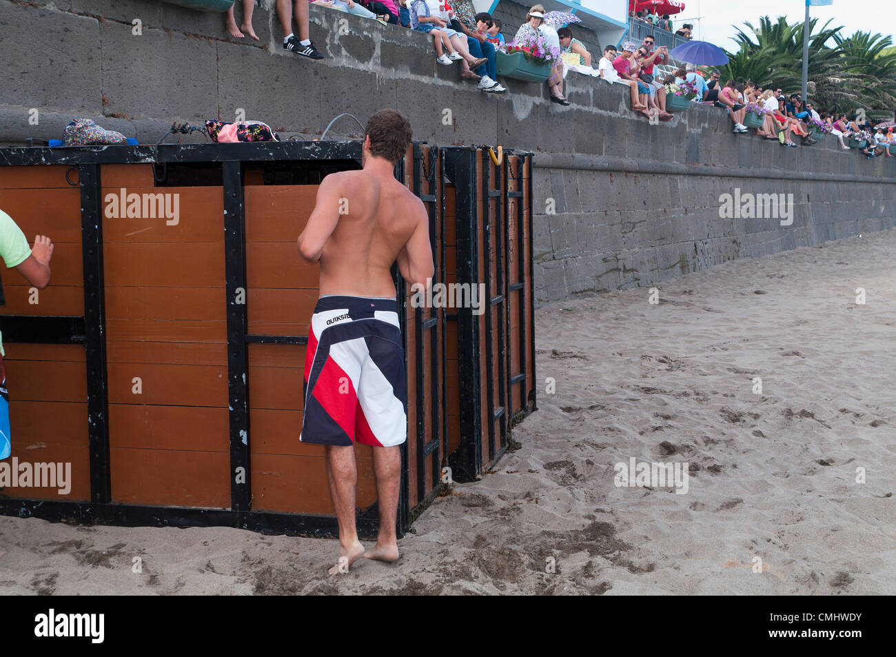 Preparativi per la corrida sulla spiaggia di sabbia di Praia da Vitória, isola di Terceira, Azzorre, Portogallo, con folle che si radunano per assistere all'evento. 11 agosto 2012. Corrida sulla spiaggia di sabbia della città di Praia da Vitória, Azzorre (il bestiame proveniva dagli allevatori Herdeiros de Ezequiel Rodrigues) i tori arrivano dai prati all'arena sulla spiaggia di sabbia per le più grandi feste dell'isola di Terceira Foto Stock