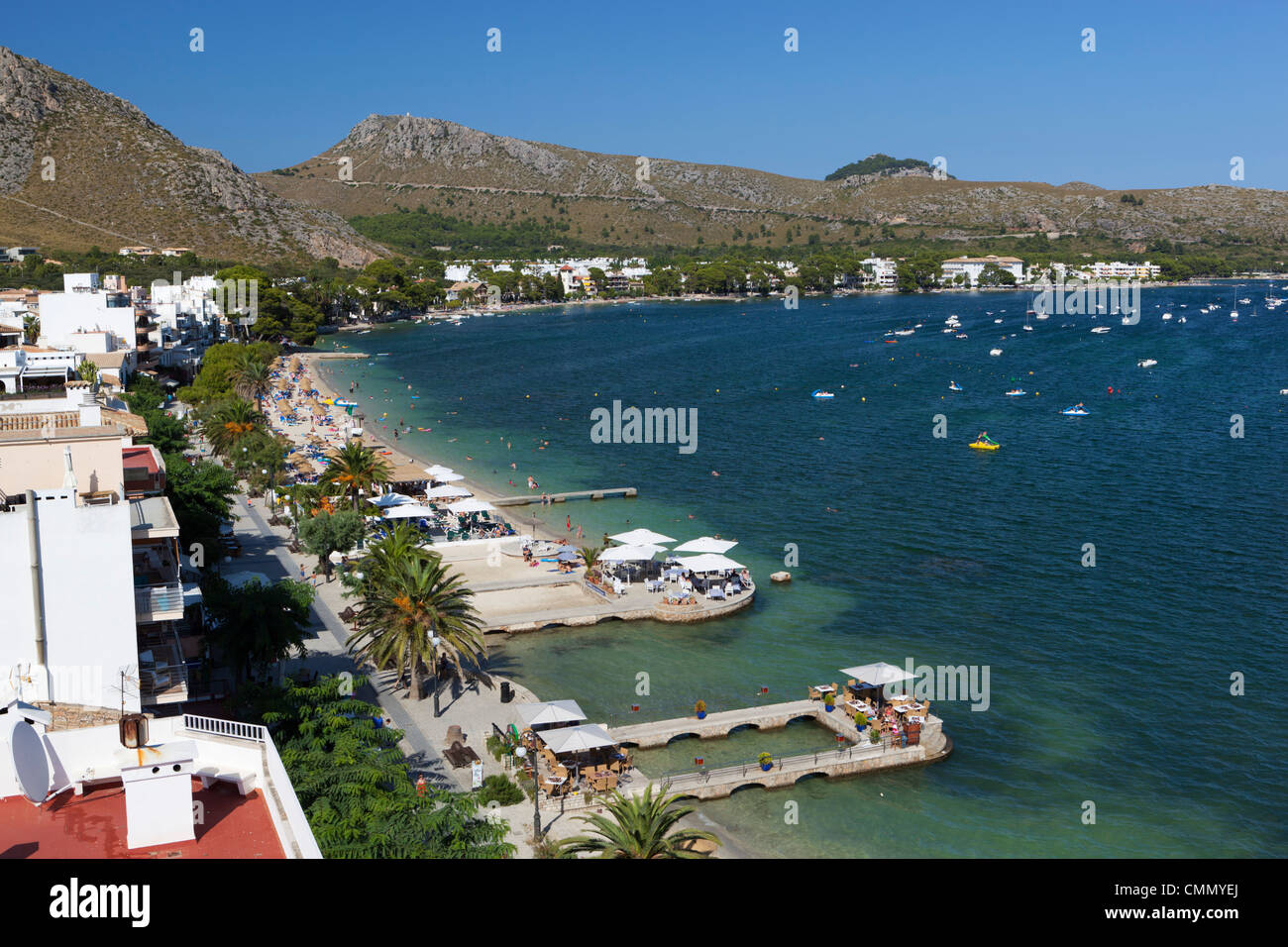 Vista sulla baia, Port de Pollenca (Puerto Pollensa), Mallorca (Maiorca, isole Baleari, Spagna, Mediterraneo, Europa Foto Stock