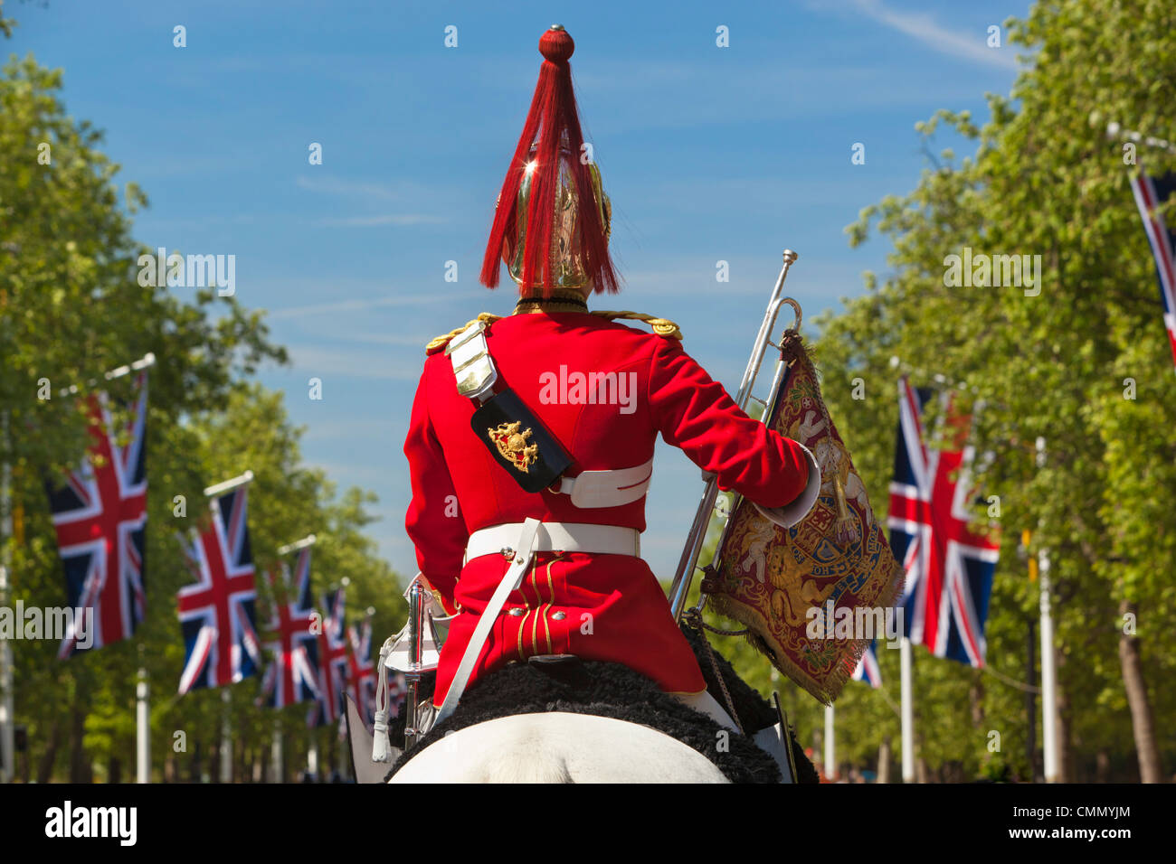 Montato soldato di cavalleria della famiglia lungo il Mall, London, England, Regno Unito, Europa Foto Stock