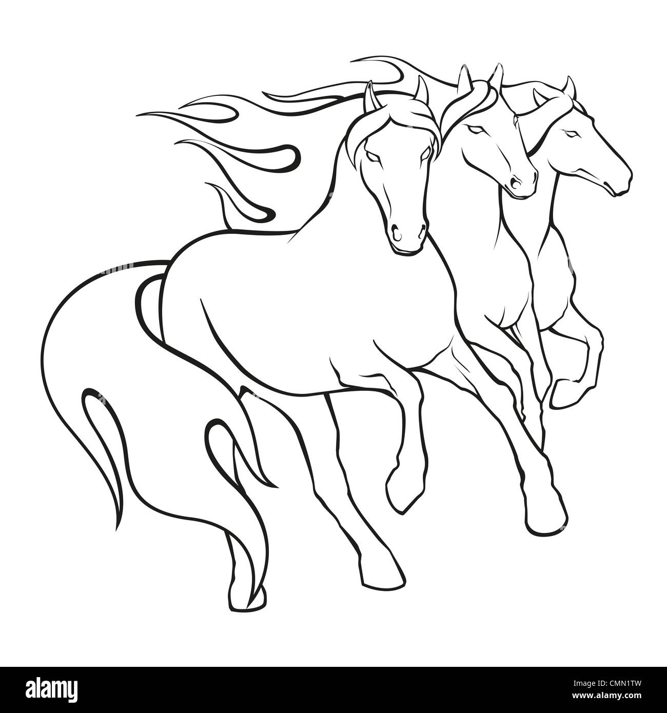 Illustrazione di tre cavalli in corsa con il fuoco manes Foto Stock