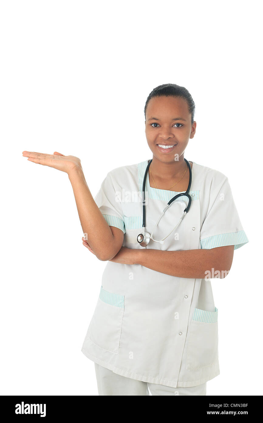 African American medico infermiere libro nero e uno stetoscopio metisse isolato Foto Stock
