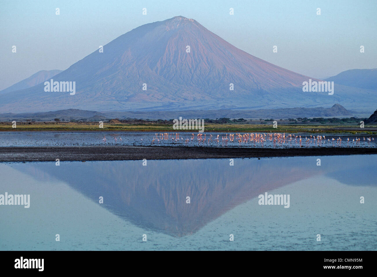 Il Lago Natron e il vulcano Ol Doinyo Lengai in Tanzania Foto Stock