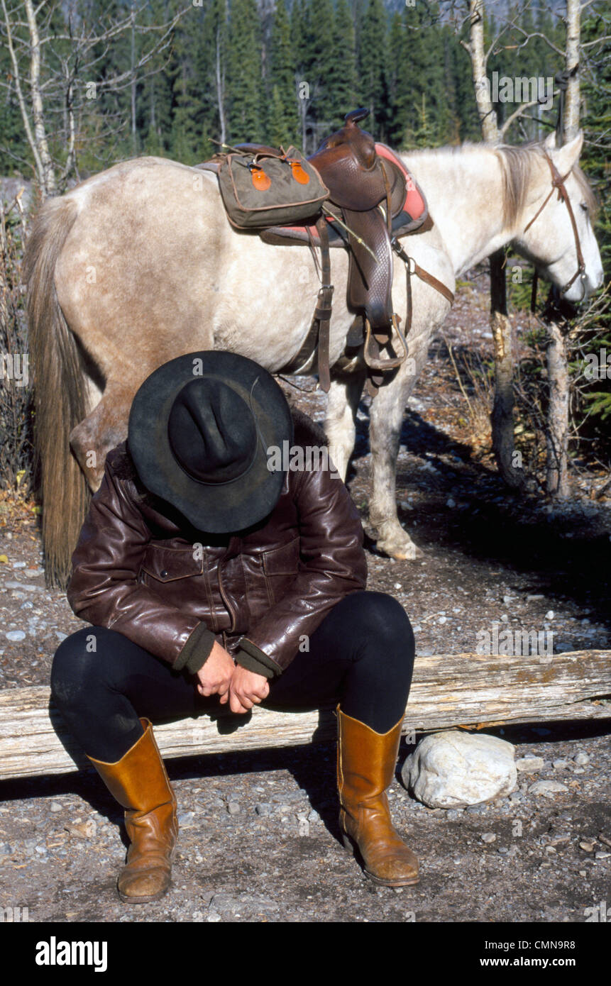 Il pilota di trail su una vacanza avventura prende un mezzogiorno pan con il suo cavallo durante una visita pack viaggio a Banff National Park in Alberta, Canada. Foto Stock