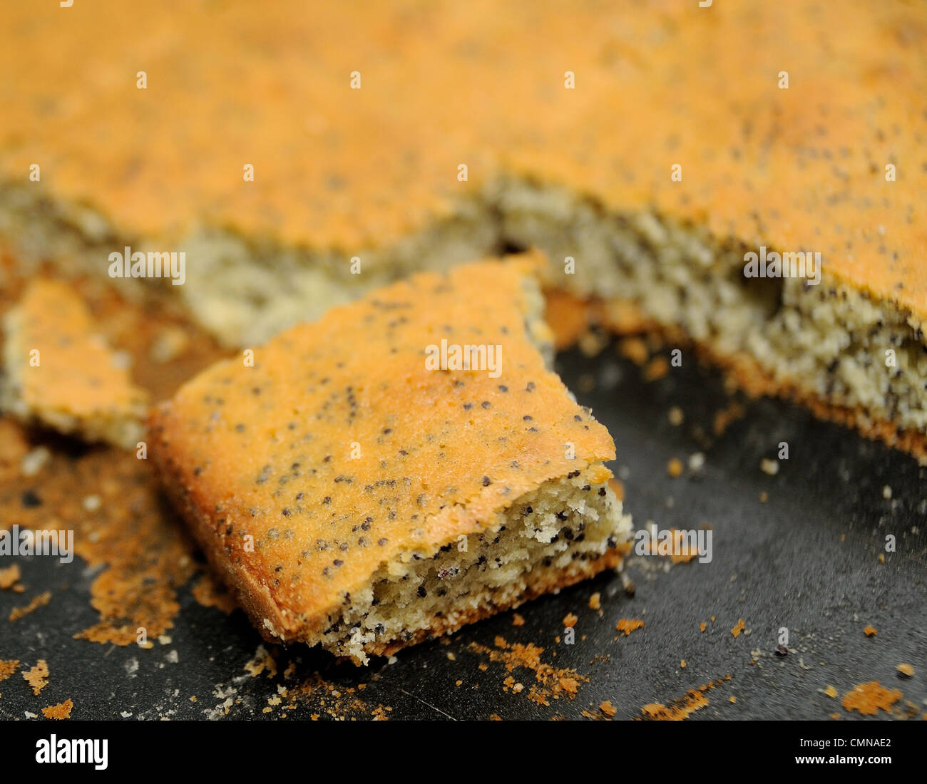 Tagliare il pezzo di torta di papavero in padella. Foto Stock