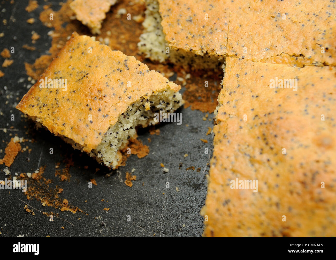 Tagliare il pezzo di torta di papavero in padella. Foto Stock