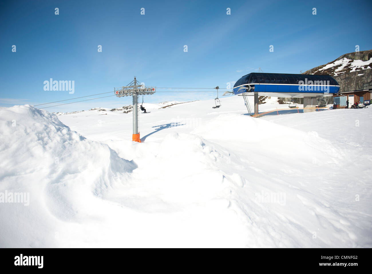 Stazione a monte degli impianti di risalita che collegano Breive a cappio di picco e di Hovden, una stazione sciistica in Norvegia meridionale Foto Stock