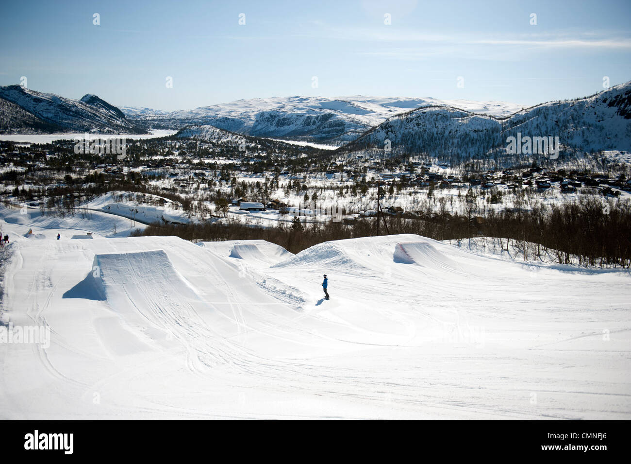 Il Freestyle Park sulle piste del comprensorio sciistico a Hovden in Norvegia meridionale's Setesday Foto Stock