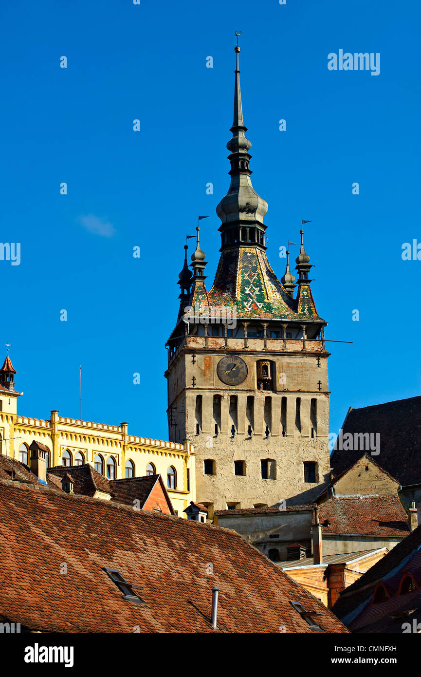 Medievale torre orologio & gate di Sighisoara sassone medievale fortificata cittadella, Transilvania, Romania Foto Stock