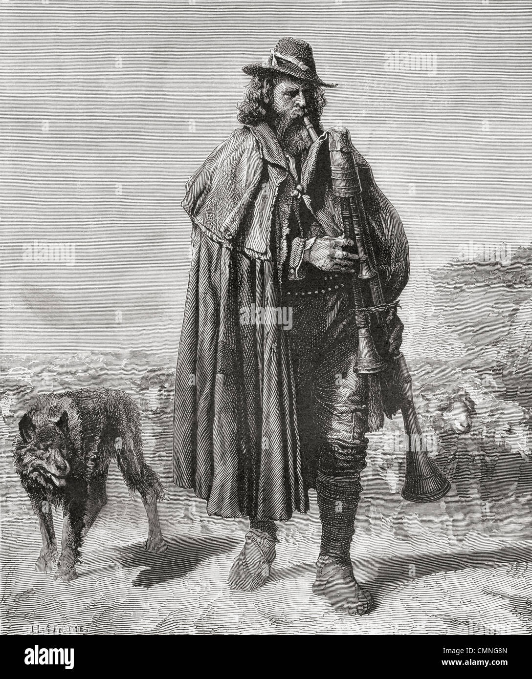 Xix secolo italiano pastore con il suo cane e pecore riproduzione di cornamusa. Da italiano Pubblicate foto 1895. Foto Stock