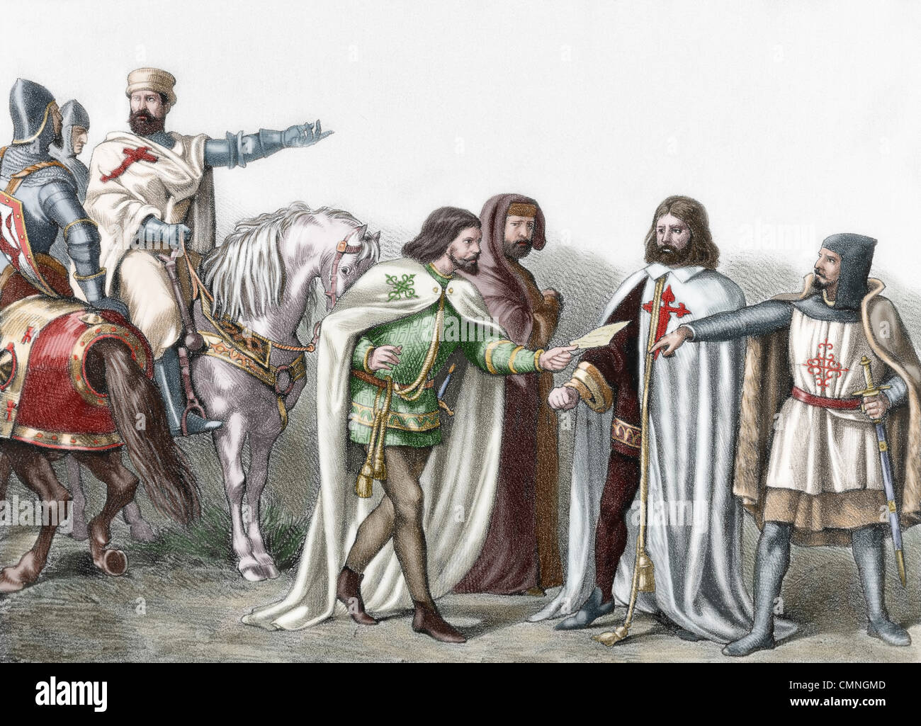 Ordini militari. Xii secolo. Da sinistra a destra: Cavalieri Templari, Alcantara, Calatrava e Ordine di Santiago. Foto Stock