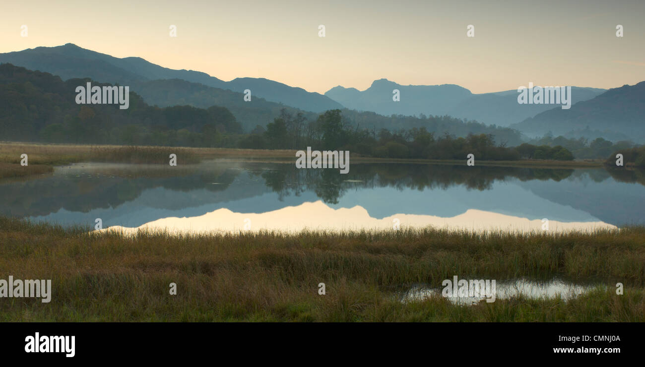 The Langdale Pikes da Elterwater su un nebuloso serata d'autunno. Foto Stock