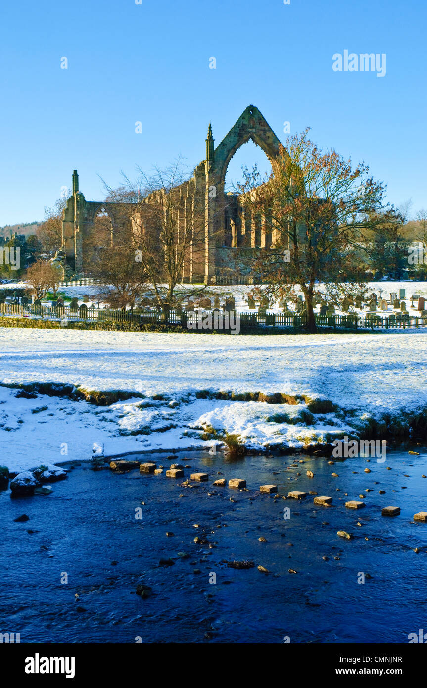 Inverno a Bolton Abbey, accanto al fiume Wharfe, North Yorkshire Foto Stock