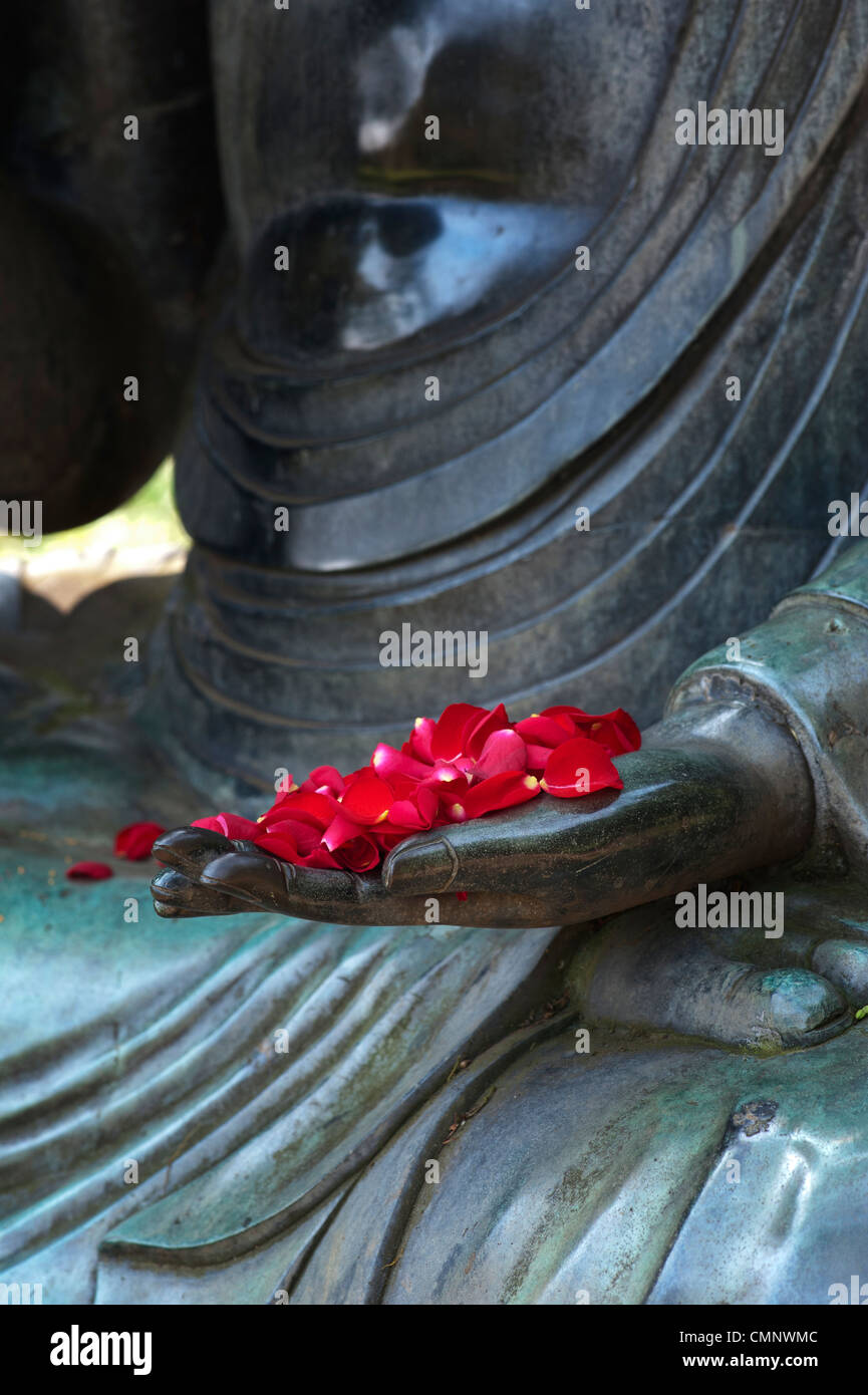 Rosso dei petali di rosa sul lato di una grande statua del Buddha Foto Stock