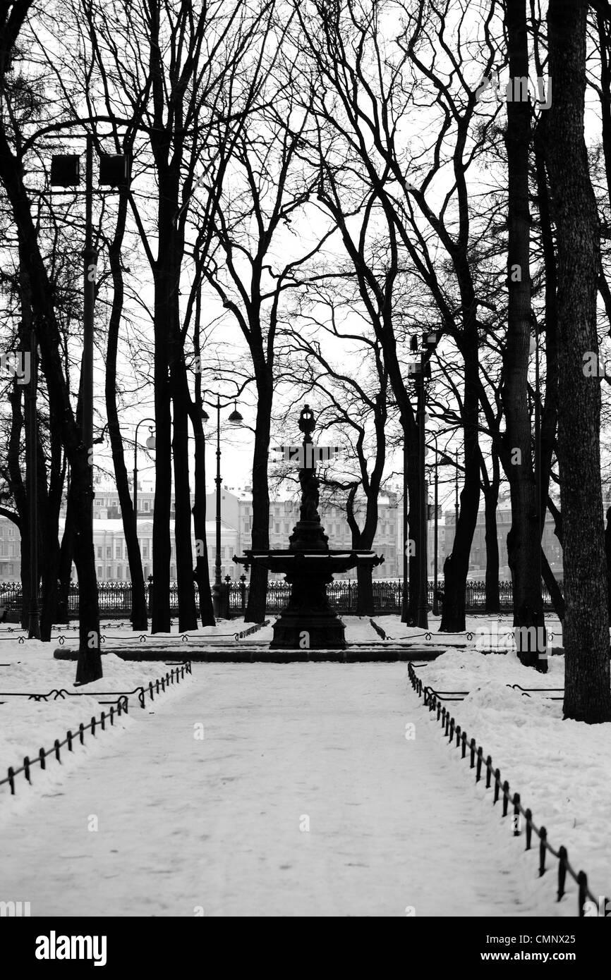 La Russia, San Pietroburgo,Rumyantsev giardino,Fontana,l'inverno, la neve, struttura ad albero Foto Stock