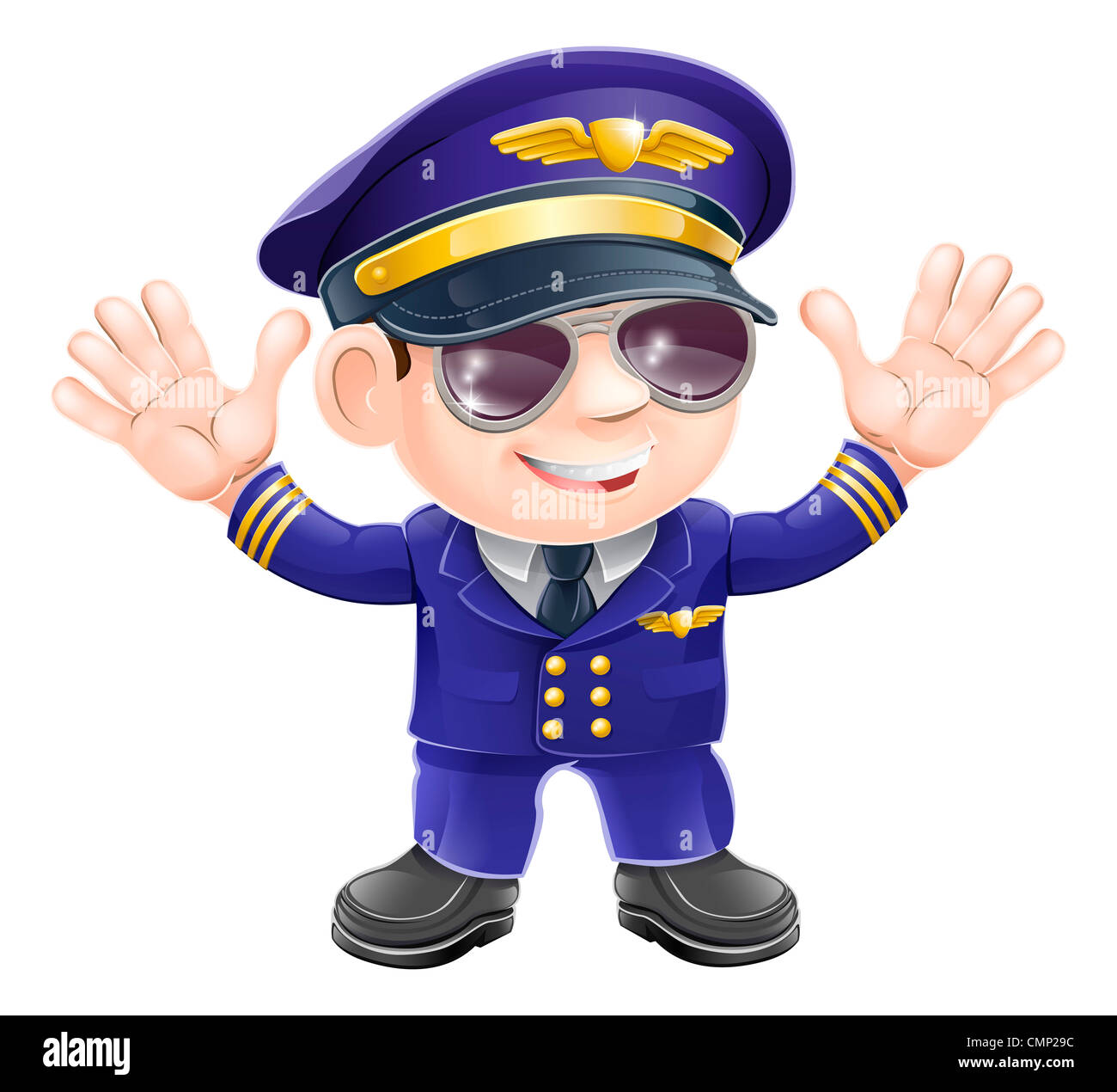 Illustrazione di un simpatico felice pilota aereo indossando occhiali da  sole e agitando Foto stock - Alamy