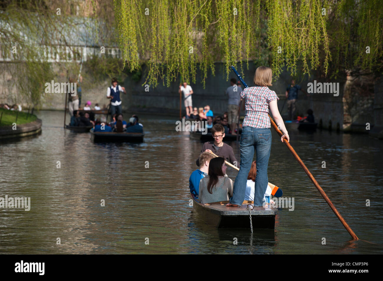 Punting a Cambridge Regno Unito nella primavera del sole lungo il fiume Cam Foto Stock