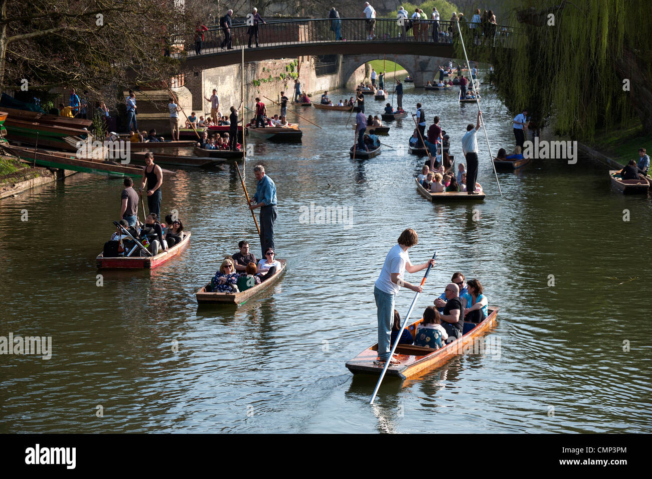 Punting a Cambridge Regno Unito nella primavera del sole lungo il fiume Cam Foto Stock