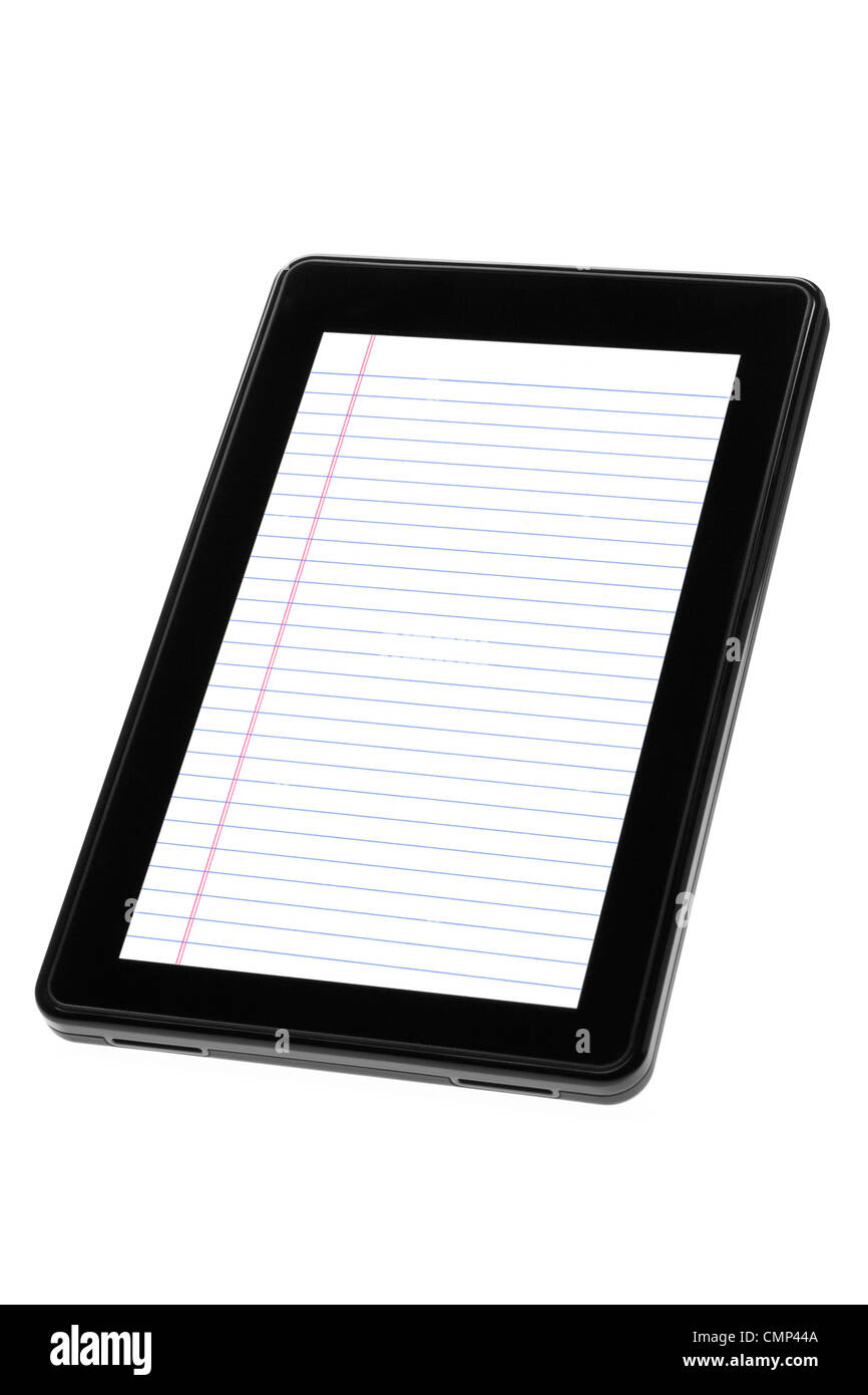 Tavoletta digitale dispositivo visualizzatore vuoto, blue-governata notepad carta bianca. Verticale, angolare torna, isolato su bianco Foto Stock