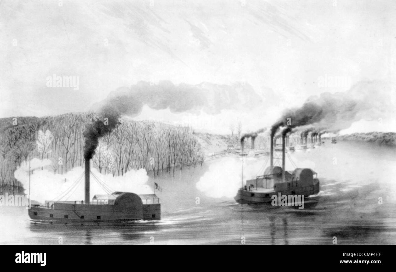 La battaglia di Shiloh, gunboats Tylor e Lexington sostenere le truppe nazionali Foto Stock