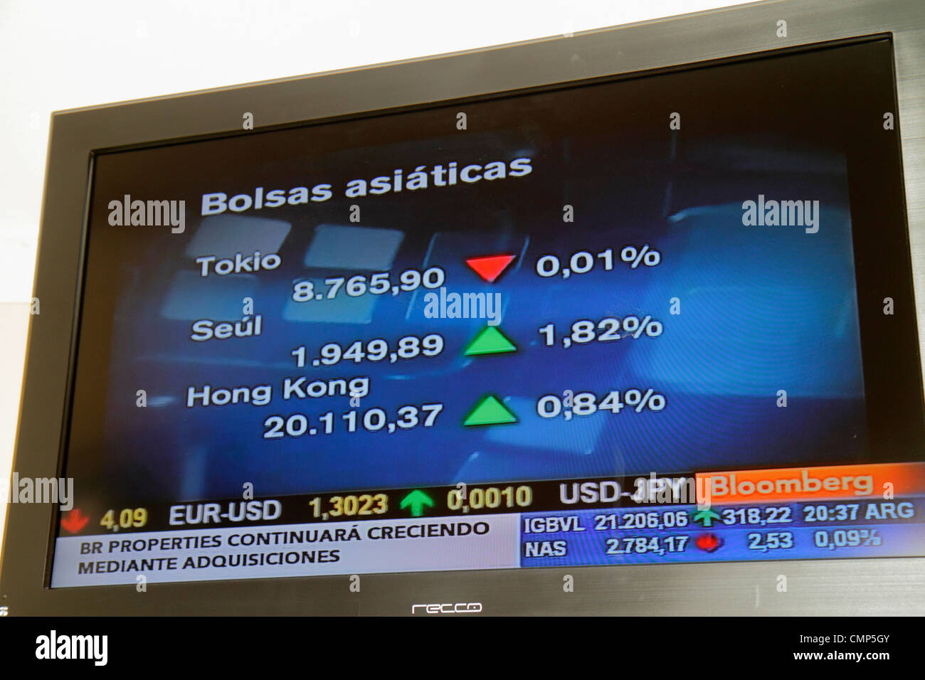 Santiago Cile,televisione,set,TV,schermo piatto,cavo,notizie finanziarie,programma,media,spagnolo,lingua,bilingue,Bloomberg,titolo,grafico,prezzi azionari,Asi Foto Stock