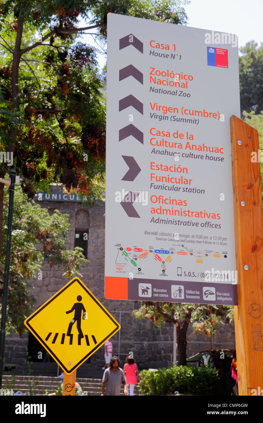 Santiago Cile,Cerro San Cristobal,Parque Metropolitano,parco urbano,Funicolare Estacion,piano inclinato,ferrovia in scogliera,indicazioni,spagnolo,nazionale zo Foto Stock