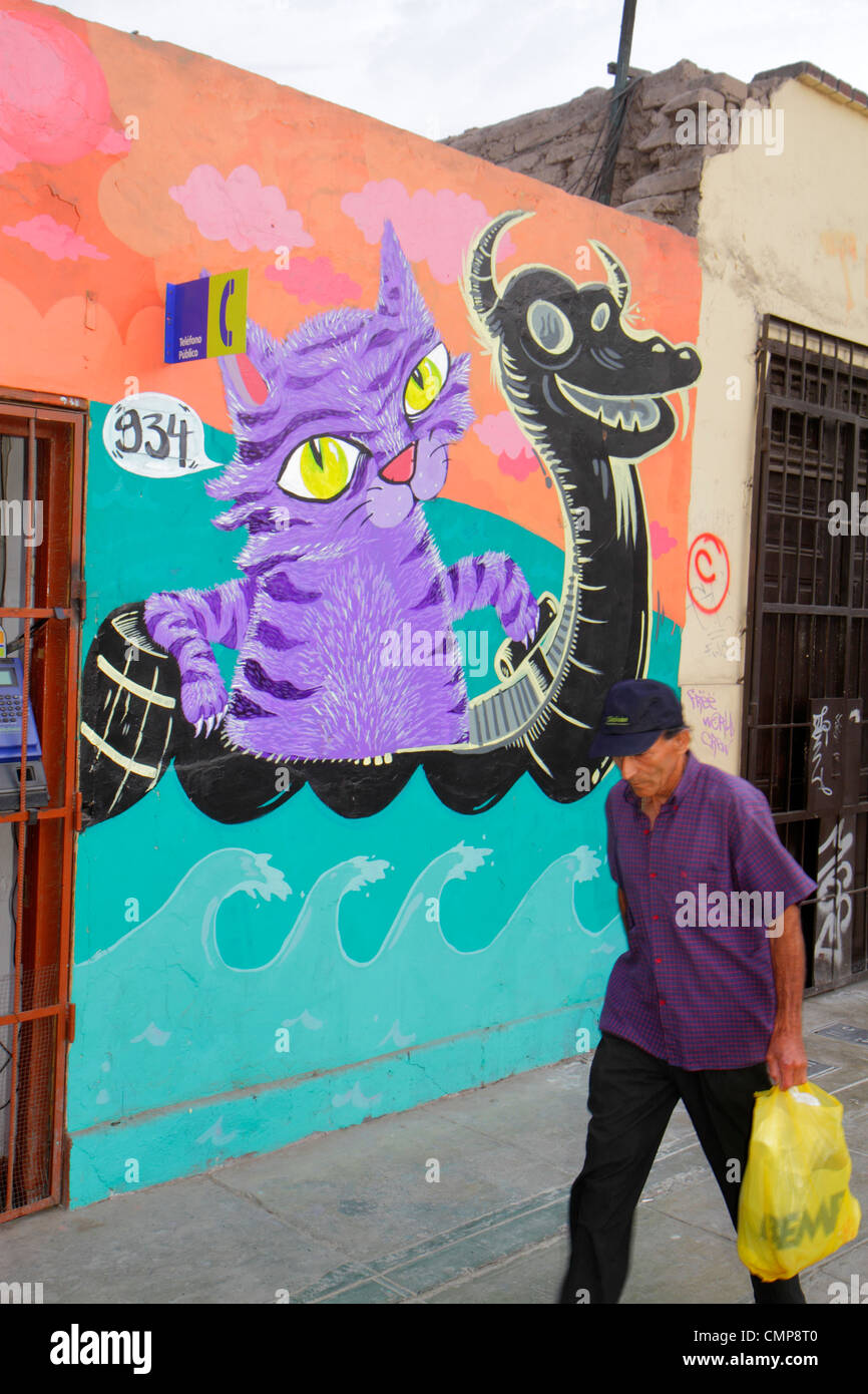 Lima Perù,quartiere Barranco,Avenida Miguel Grau,strada,marciapiede,arte di strada,graffiti,parete,gatti gatto,viola,occhi gialli,drago,latino ispanico Lat Foto Stock