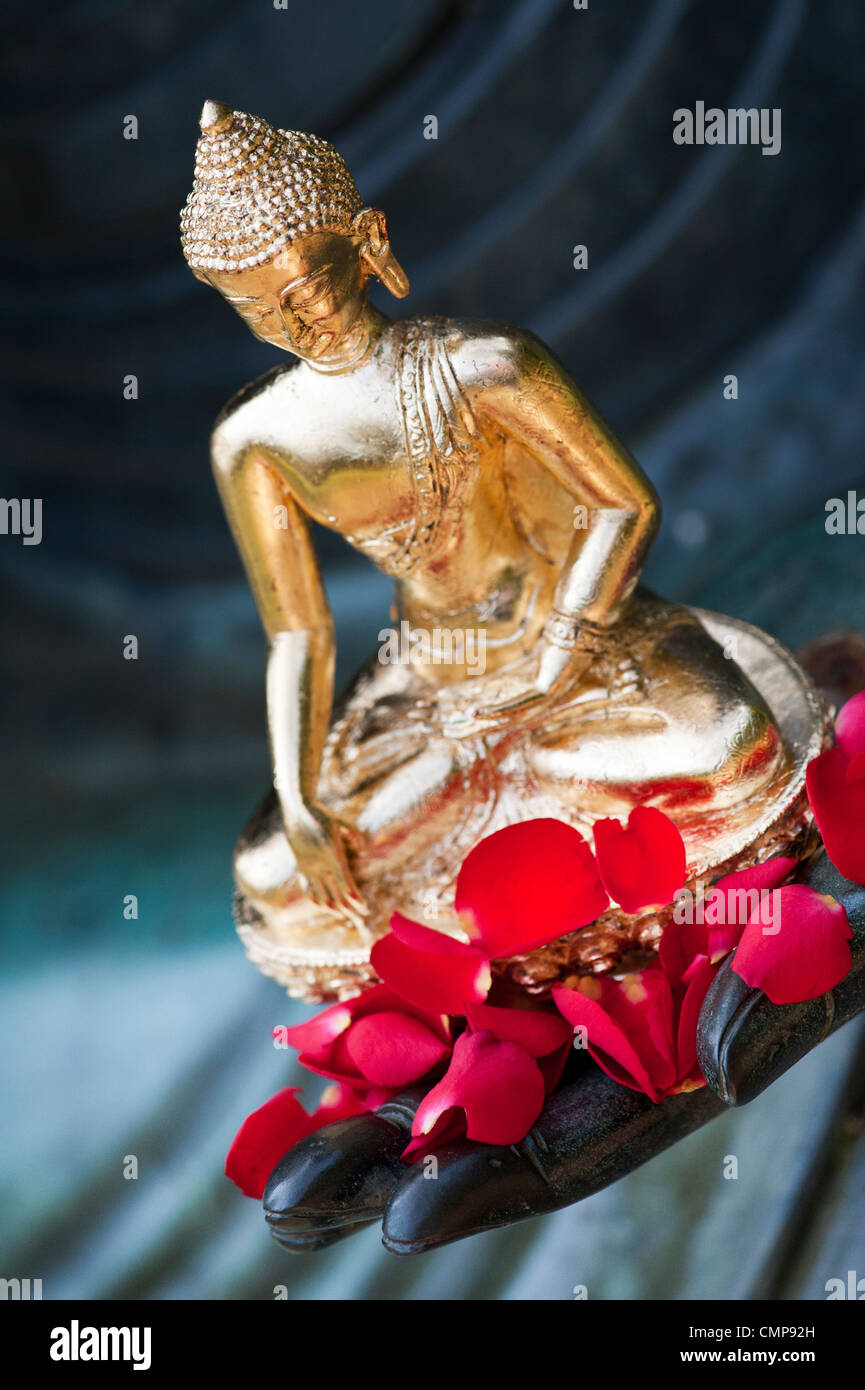 Golden statua del Buddha e il rosso dei petali di rosa sul lato di una grande statua del Buddha Foto Stock