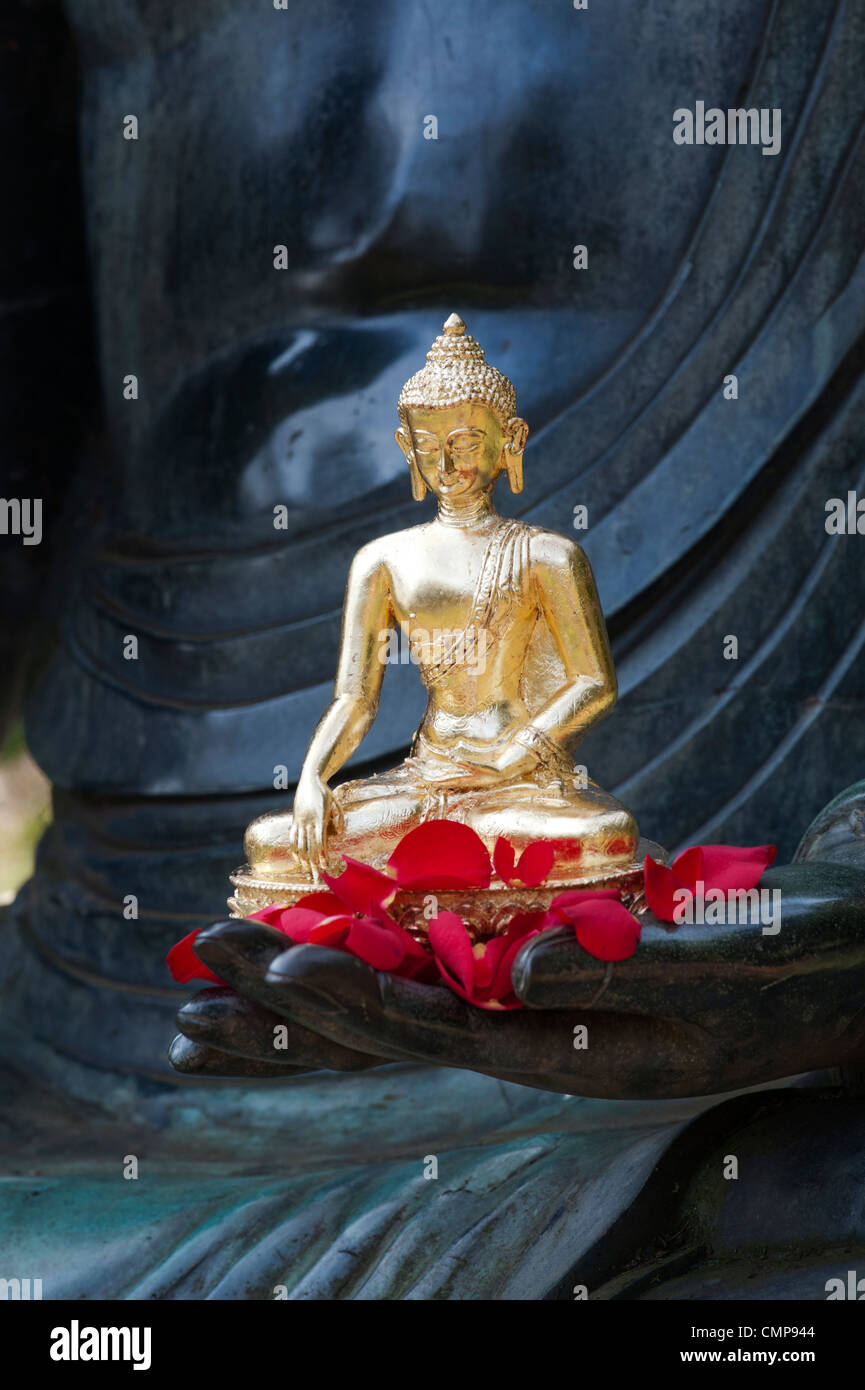 Golden statua del Buddha e il rosso dei petali di rosa sul lato di una grande statua del Buddha Foto Stock