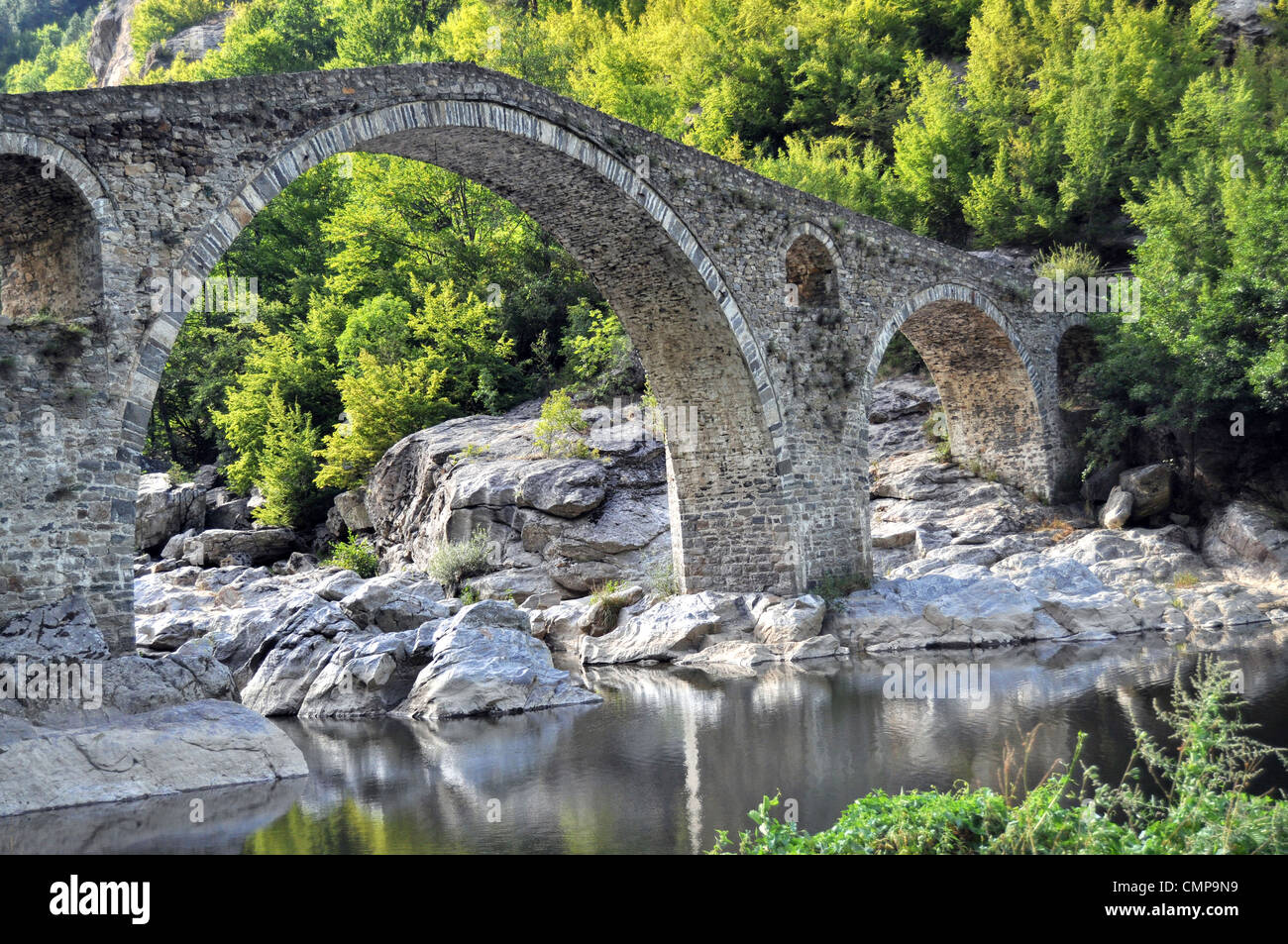 Ponte di arco sopra il fiume Arda costruito nel XVI secolo su resti di antico ponte. Foto Stock