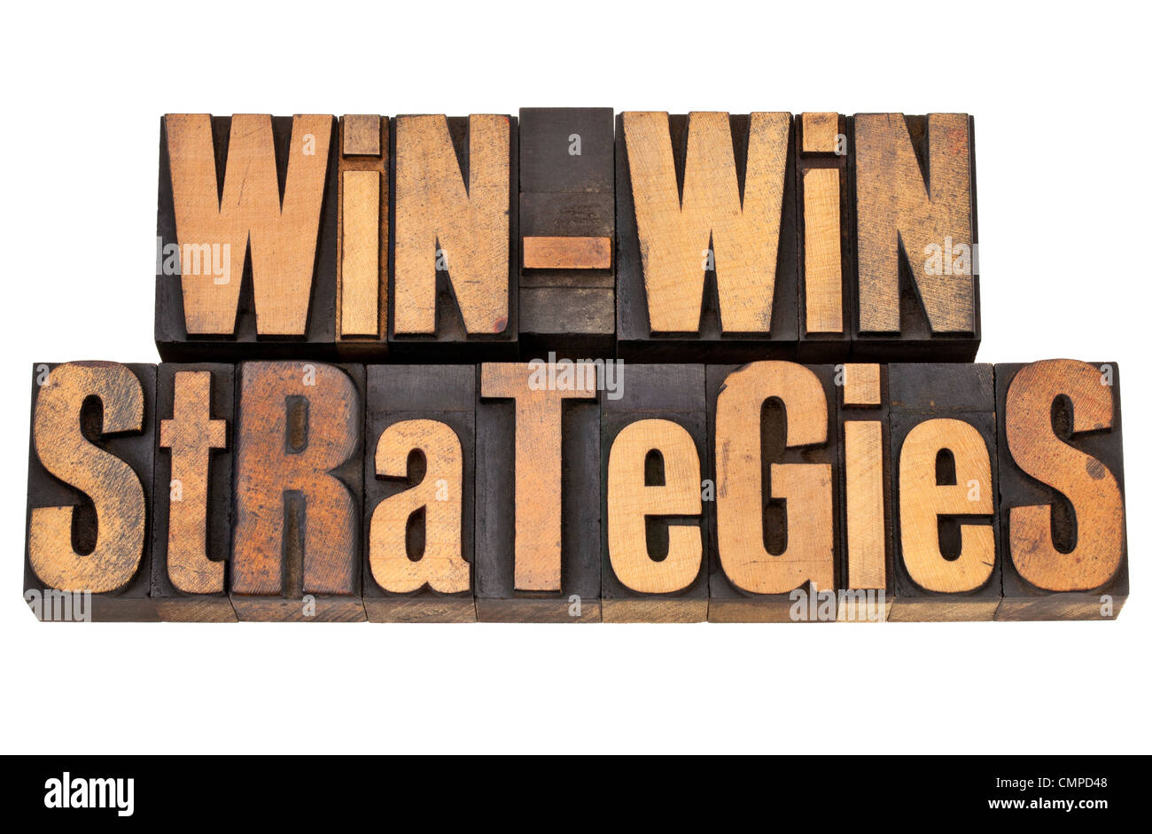 Win-win - strategie di negoziazione o la risoluzione dei conflitti concetto - parole isolate in vintage tipo legno Foto Stock