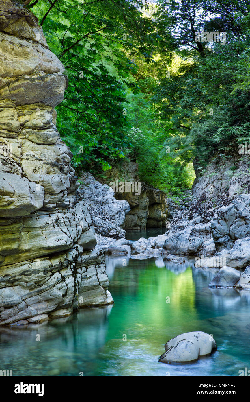 Le acque cristalline del fiume Voidomatis, Zagoria, Epiro, Grecia, Europa Foto Stock