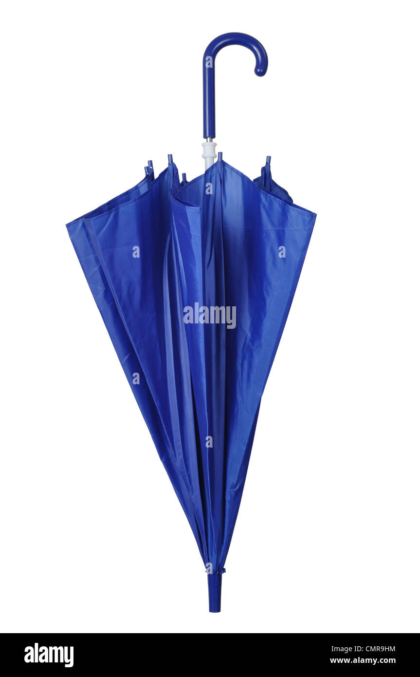 Chiuso ombrello blu isolato su sfondo bianco Foto Stock
