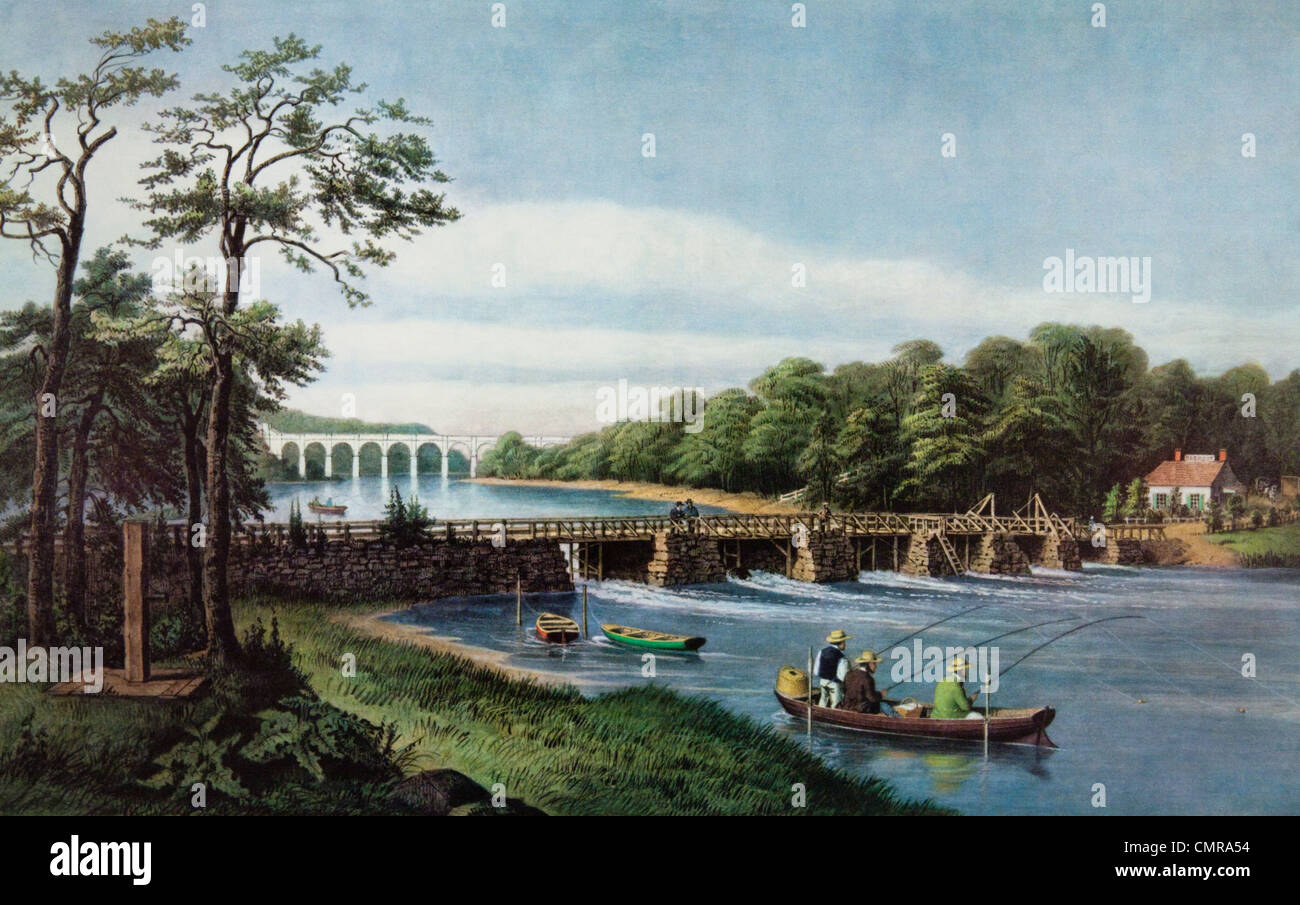 1800s a pesca di Macomb diga sul fiume di Harlem, NY CURRIER & IVES Stampa 1852 Foto Stock
