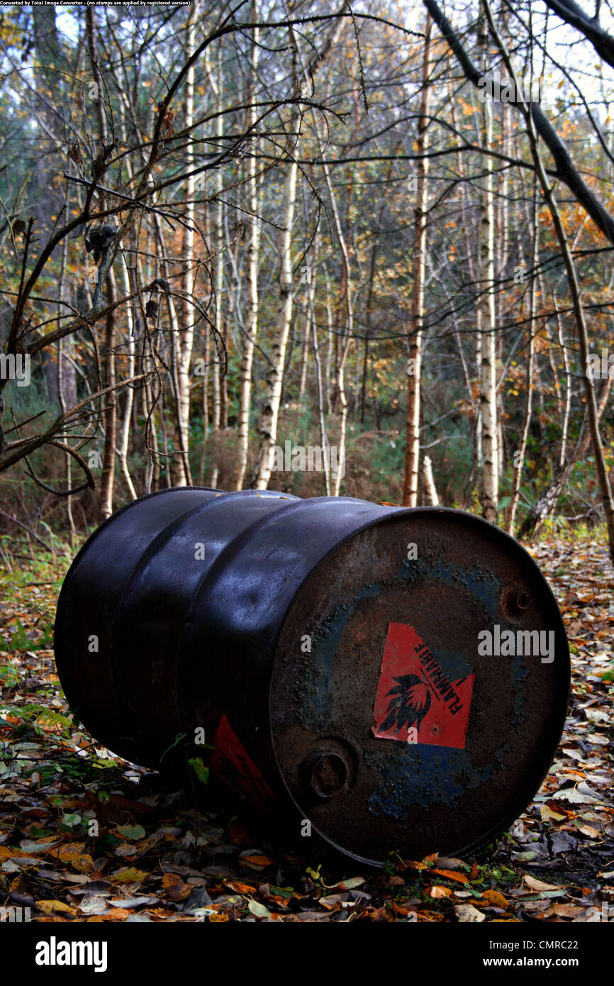 Vecchio infiammabili barile di petrolio in un bosco d'autunno Foto Stock