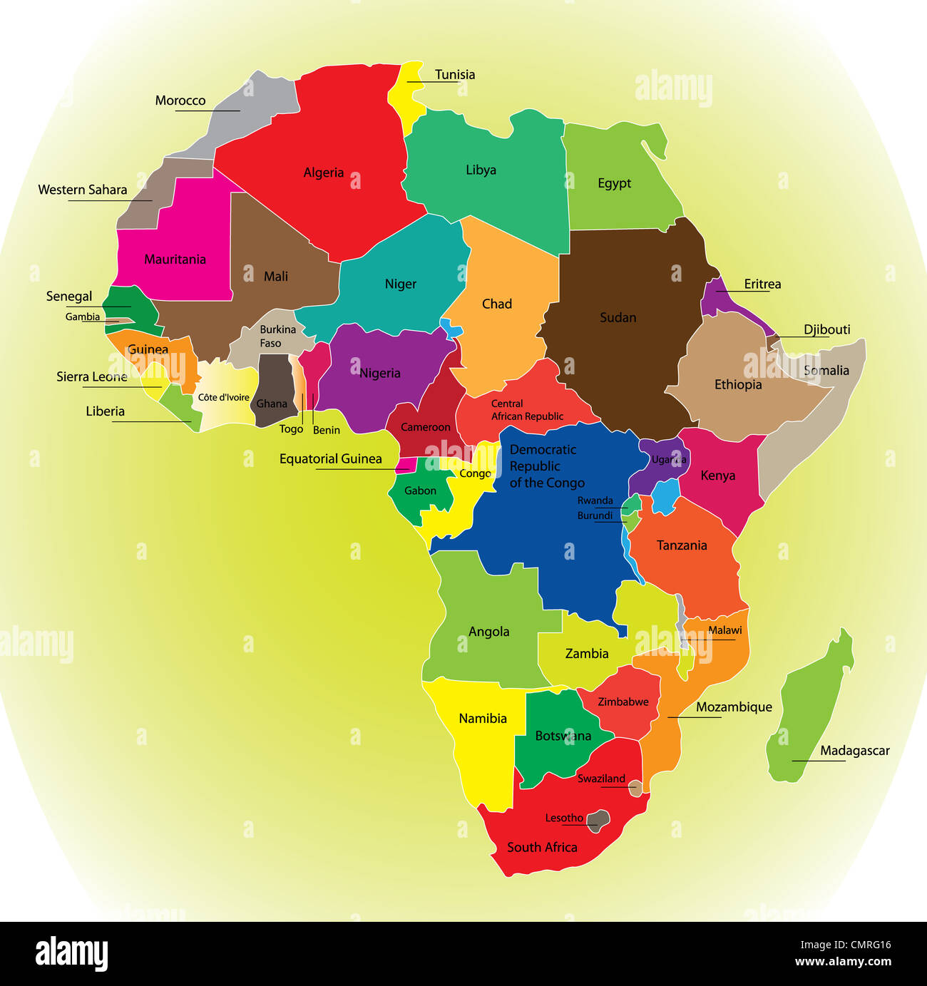 Dettaglio mappa a colori del continente africano con le frontiere. Ogni membro è colorata di vari colori e ha scritto il nome. Foto Stock