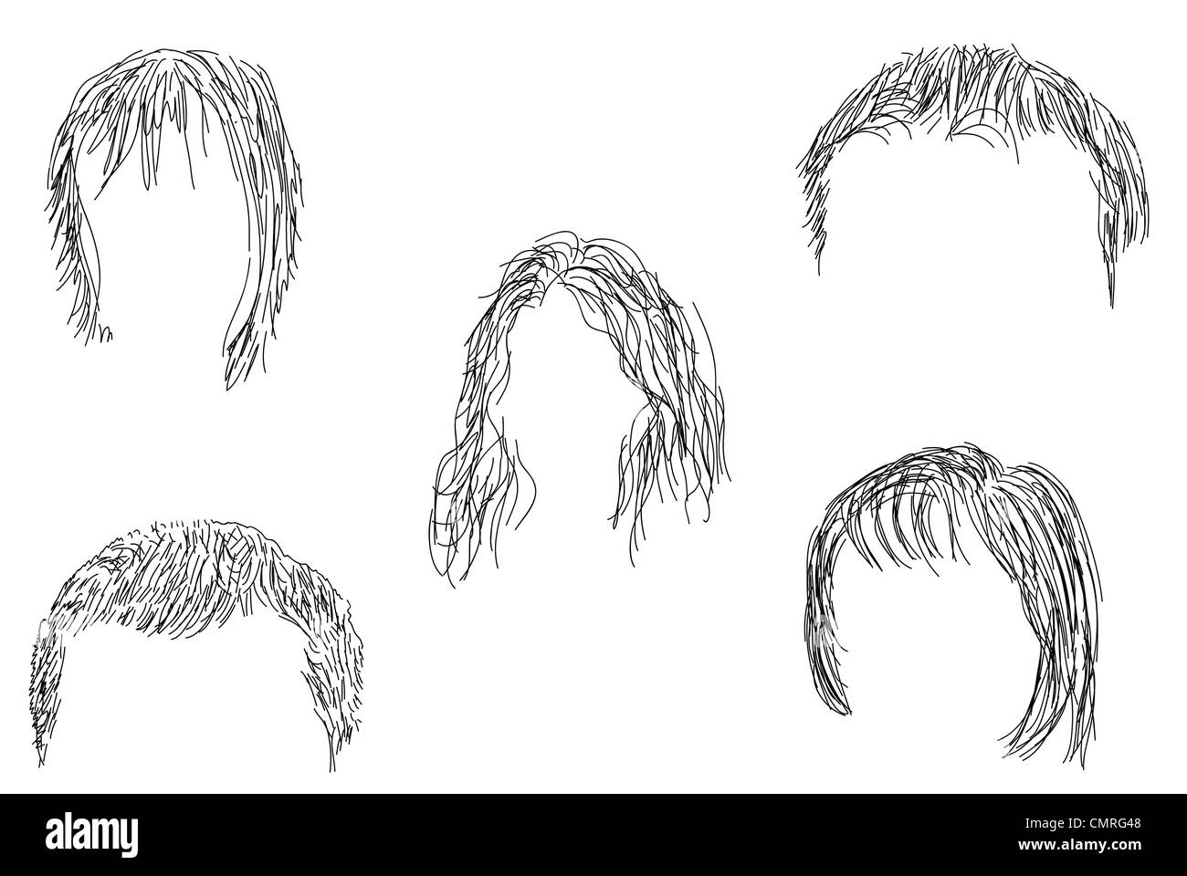 Set verniciato di nero parrucche. Foto Stock
