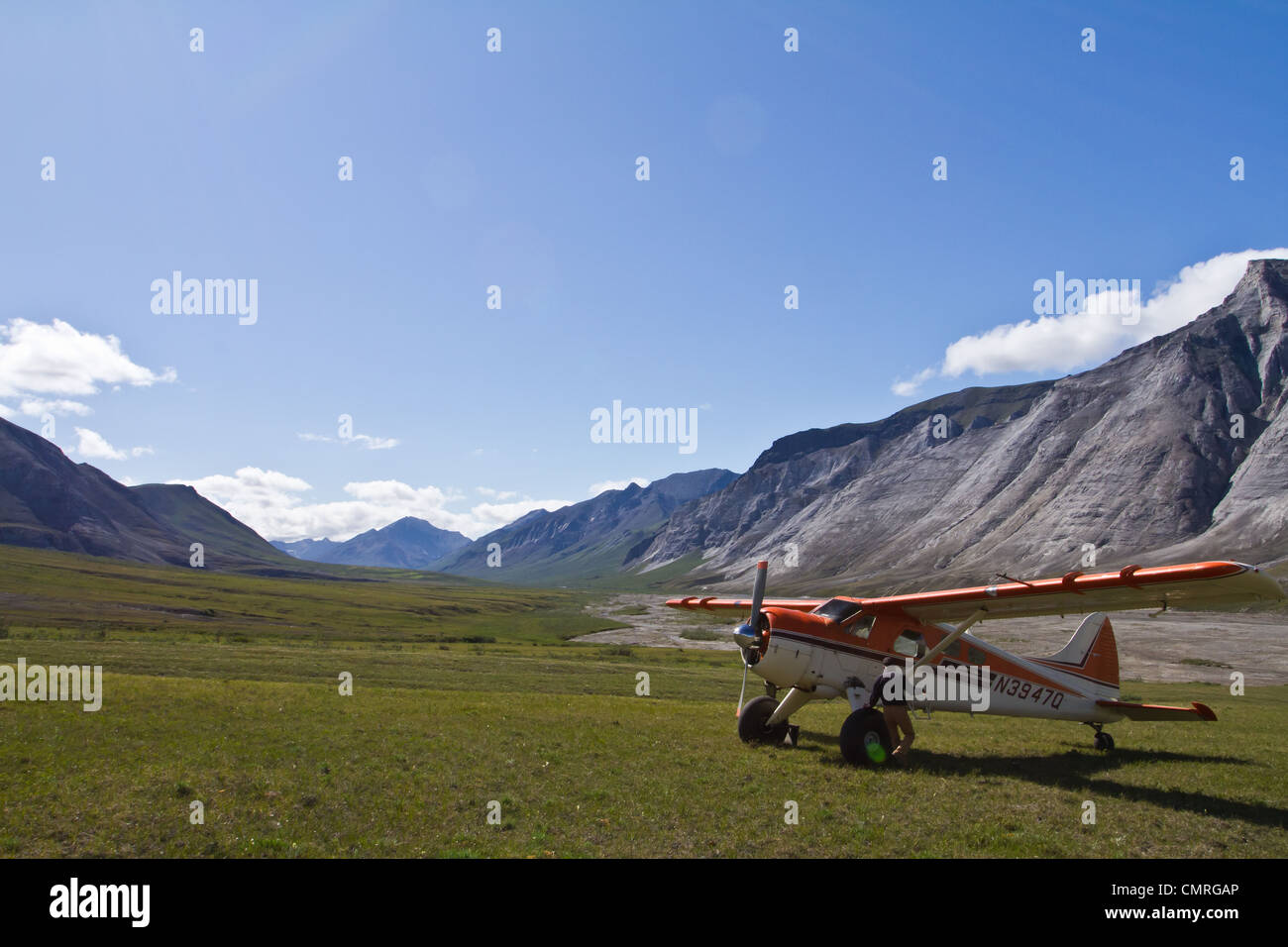 Un DeHaviland Beaver di proprietà di Coyote aria parcheggiato sulla tundra nei cancelli dell'Artico National Park, AK, STATI UNITI D'AMERICA. Foto Stock