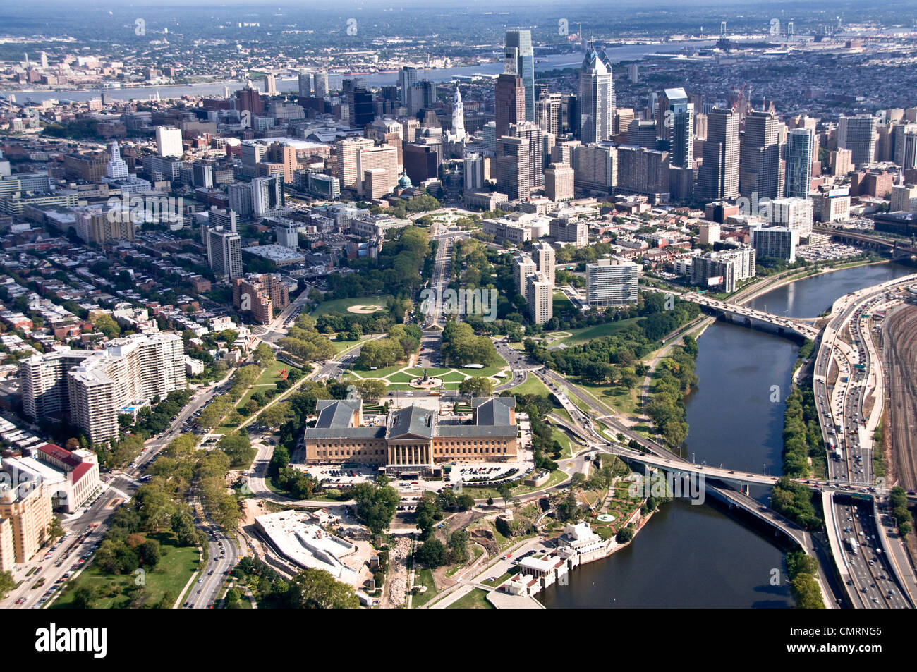 Vista aerea di Filadelfia guardando a sud-est dal museo d'Arte & SCHUYLKILL RIVER Foto Stock